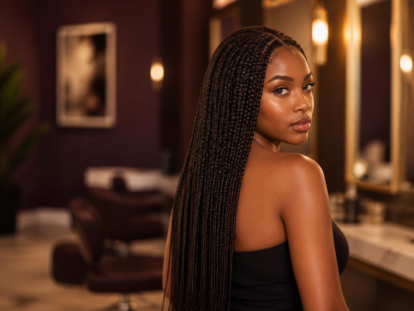 Client with long knotless braids styled at Kiki African Hair Braiding & Weaving
